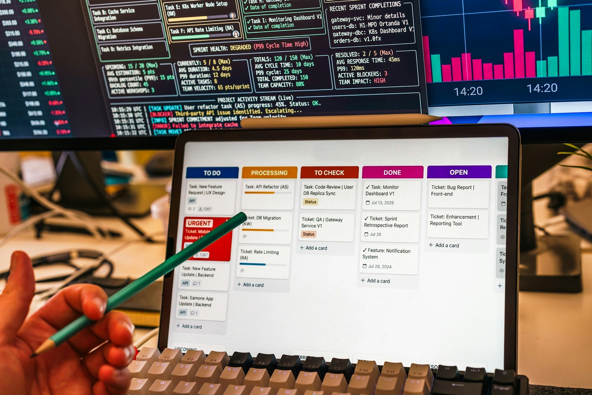 A person pointing at a kanban board on a tablet screen