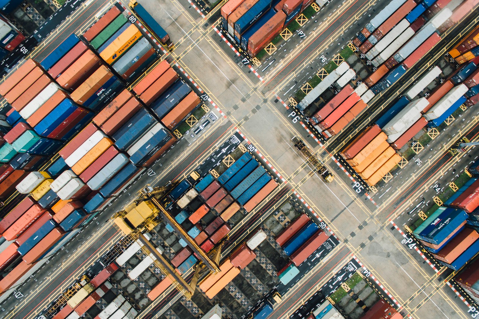 A shipping container yard seen from directly above